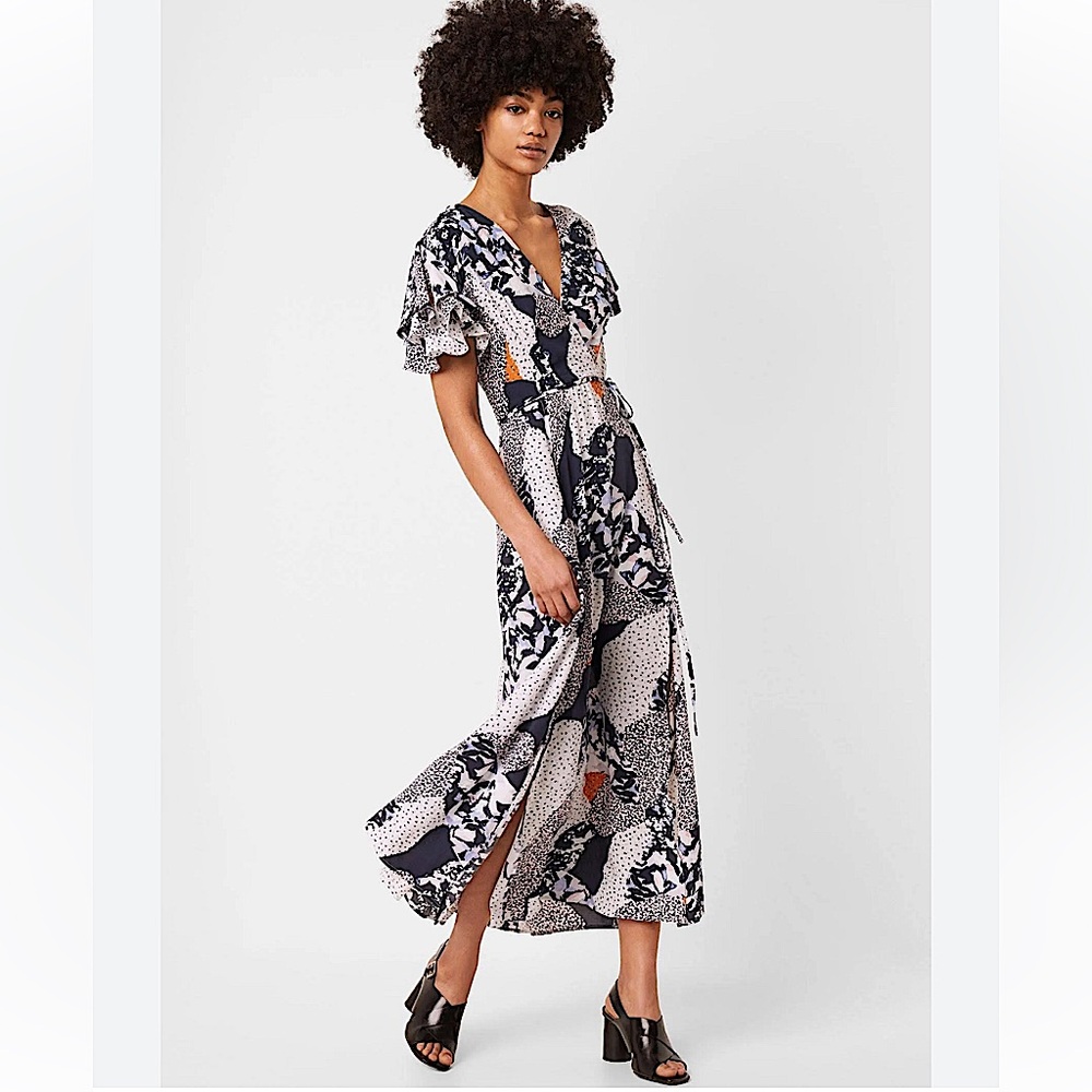 {French Connection} "Asha Faux Wrap Midi Dress" Front Slit V-Neck Maxi Dress